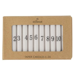 Adventskalender-Kerzen, weiß/grau/kurz/ø 1,3cm, 24 Stück