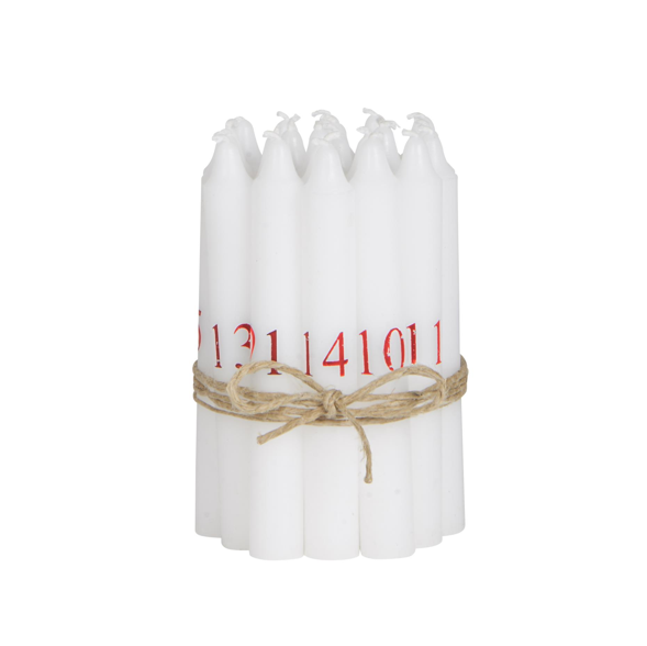 Adventskalender-Kerzen, weiß/rot/kurz/ø 1,3cm/ 24 Stück
