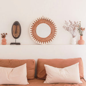 Runder Boho-Spiegel 60 cm | Handgefertigter gewebter Wandspiegel AWAN | Wanddekoration mit Muster aus Baumwollkordeln