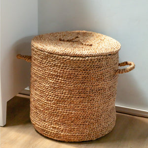 Großer Wäschekorb mit Deckel Ø54 cm AMAN aus Wasserhyazinthe | Geflochtener Aufbewahrungskorb | Runder Korb | Großer Geschenkkorb | Wäschekorb