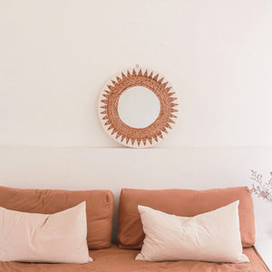 Runder Boho-Spiegel 60 cm | Handgefertigter gewebter Wandspiegel AWAN | Wanddekoration mit Muster aus Baumwollkordeln